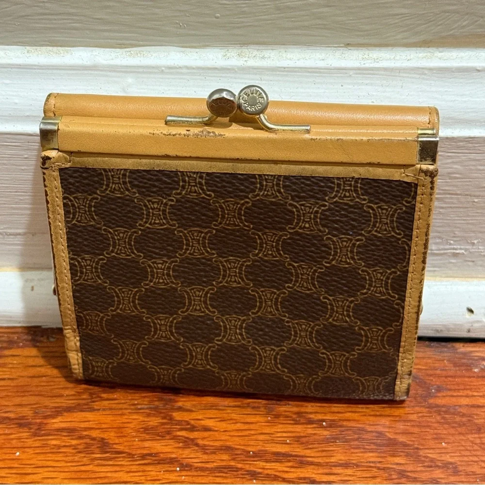 Celine Tan and Brown Logo Kiss Lock Wallet - Picture 2 of 12